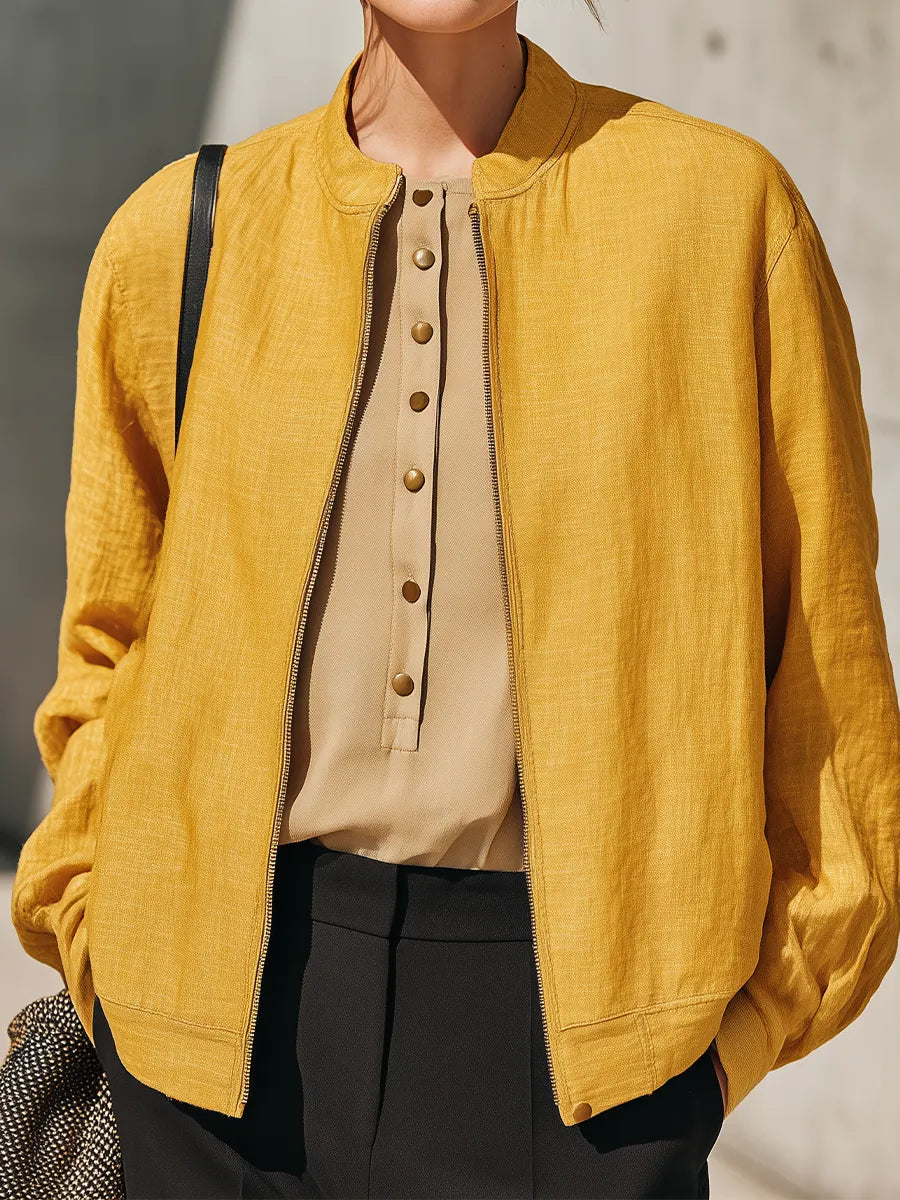 Women's Linen Blend Zip Front Yellow Jacket MDZ0315I6YZJ