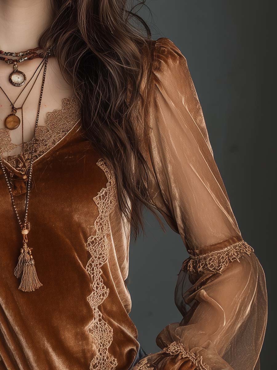 Caramel Velvet Lace Sheer Lantern Sleeve Top