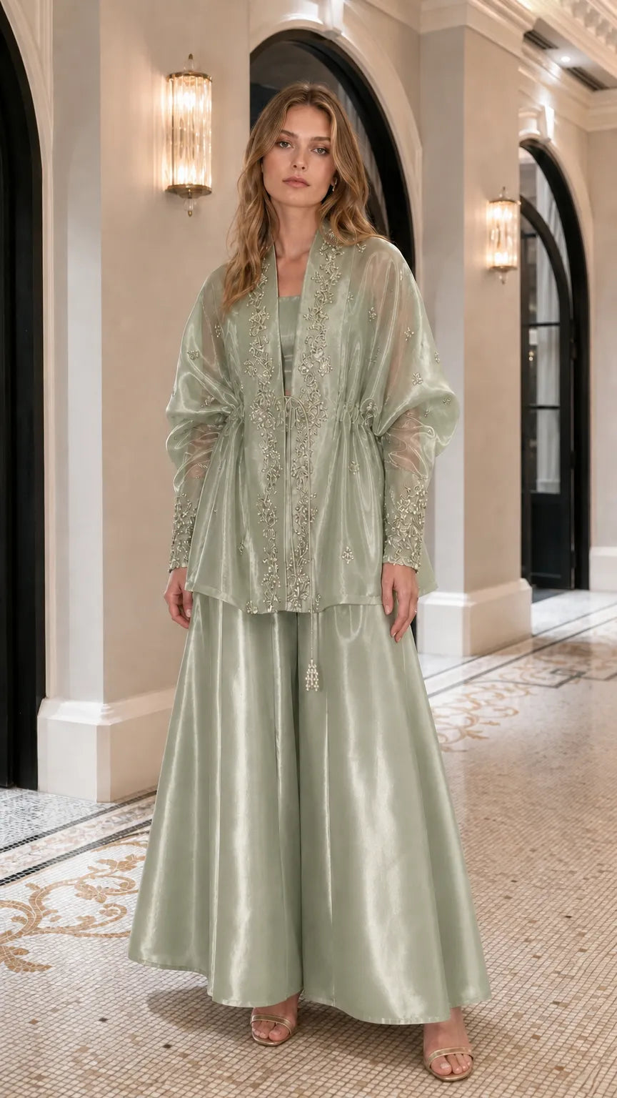 Embroidered Metallic Sheer Overcoat and Wide-Leg Pants Set