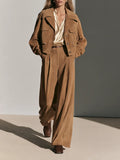 Women's Collared Single-Breasted Drop-Shoulder Long-Sleeve Cropped Jacket And High-Waisted Wide-Leg Pants Set MDZ0202I9CMX