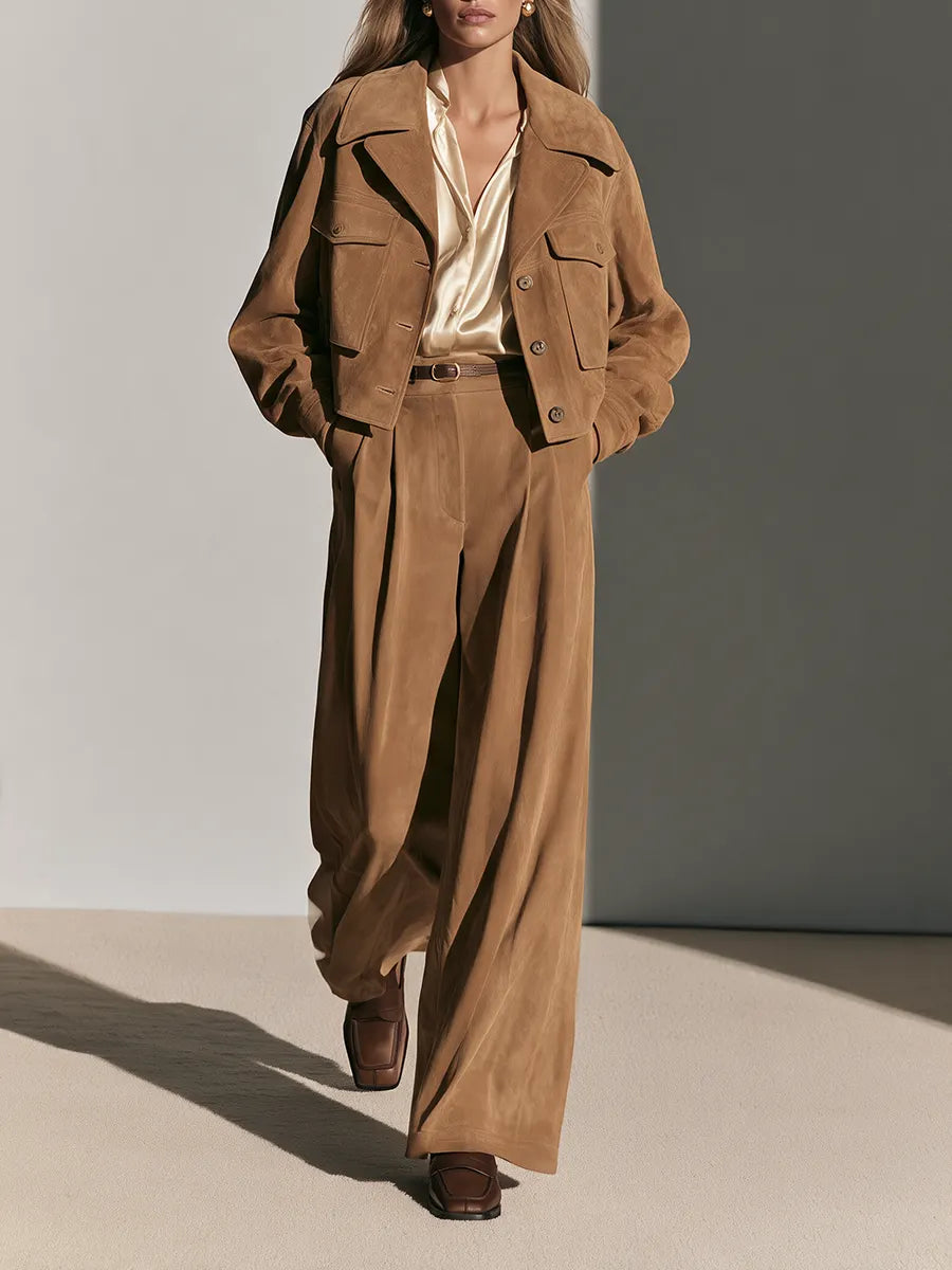 Women's Collared Single-Breasted Drop-Shoulder Long-Sleeve Cropped Jacket And High-Waisted Wide-Leg Pants Set MDZ0202I9CMX