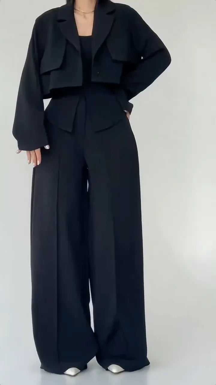 Taupe Cropped Blazer Two‐Piece Pants Set