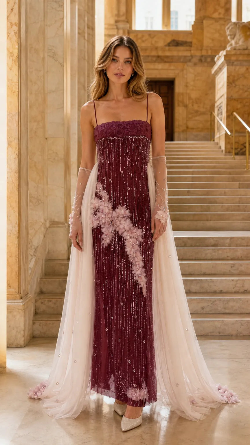 Embellished Tulle Evening Gown with Floral Appliqué