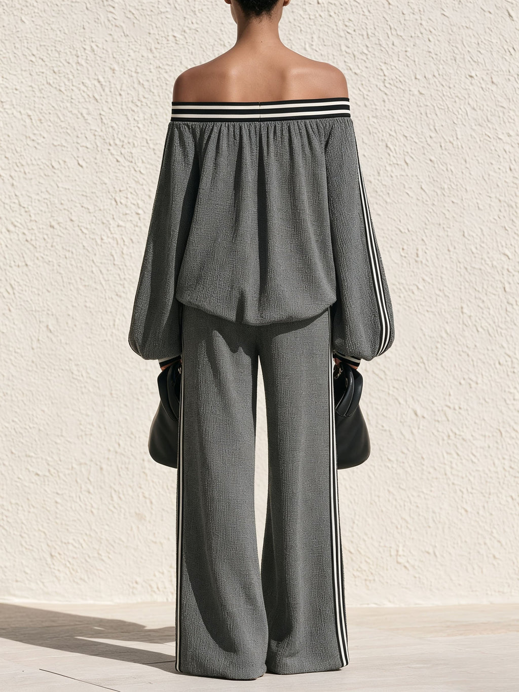 Off‐Shoulder Striped Trim Textured Two‐Piece Pants Set