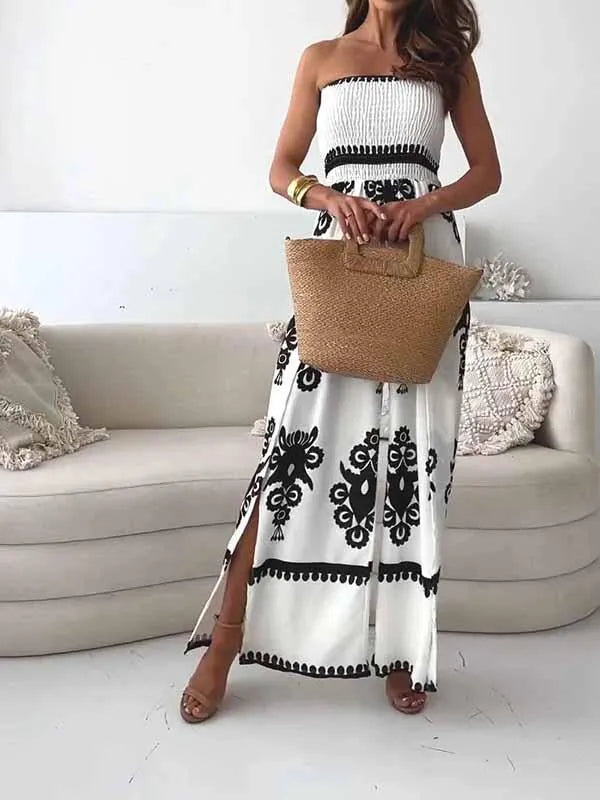 Women's White Jumpsuit Plus Size Tube Top Printed Jumpsuit