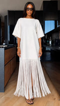 White Fringe Oversized T‐shirt Maxi Dress