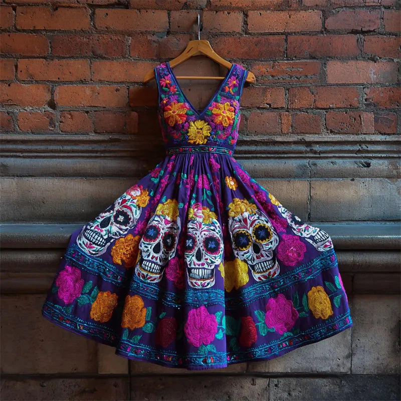 Day Of The Dead Sugar Skulls Floral Embroidered Linen Evening Dress
