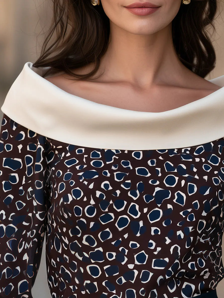 Wide Contrast Fold Collar Printed Blouse