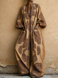 Women's Vintage-Print V-Neck 3/4-Sleeve Cotton-Linen Jumpsuit