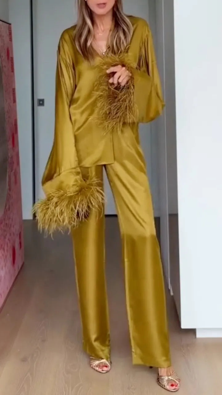 Gold Satin Feather Trim Two‐Piece Pant Set