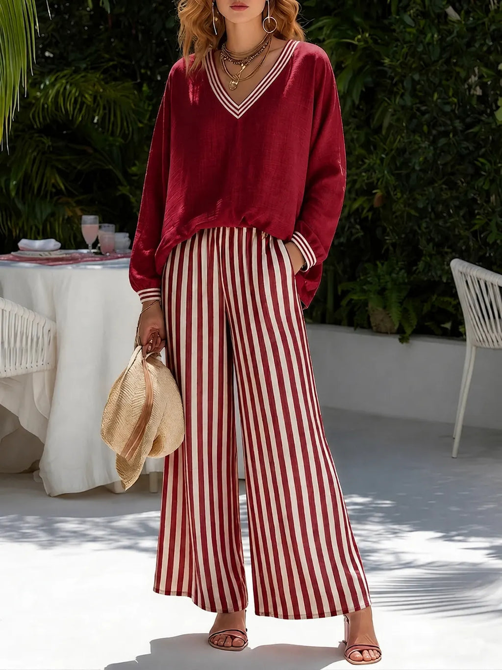 Women’s V-Neck Linen Blend Striped Two Piece Set