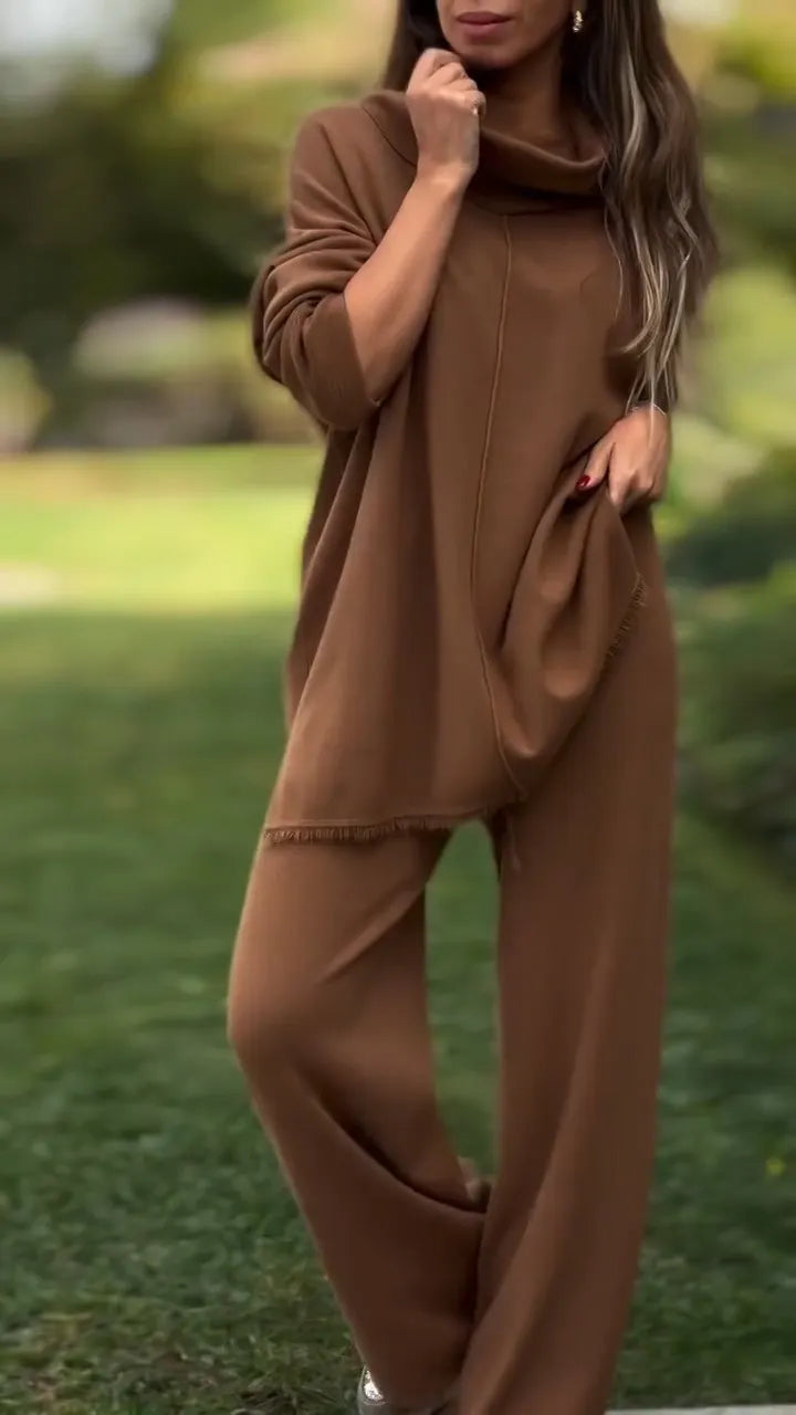 Women High Neck Top + Pants Solid Color Casual Suit