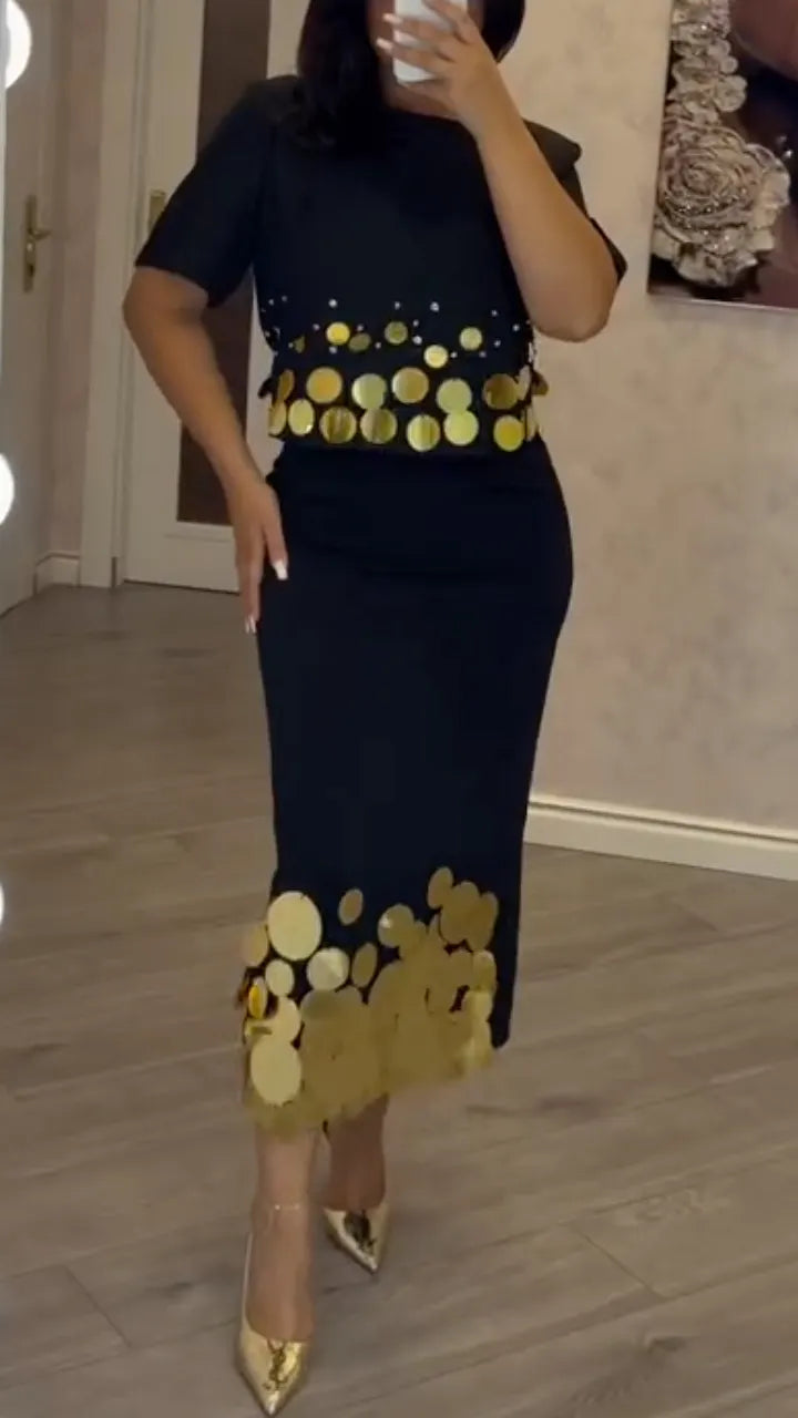 Black Gold Sequin Two‐Piece Skirt Set