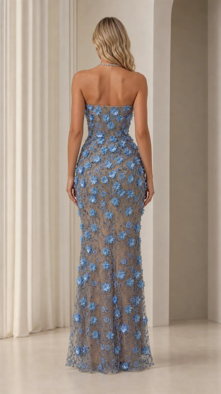 Strapless 3D Floral Applique Sequin Tulle Evening Gown