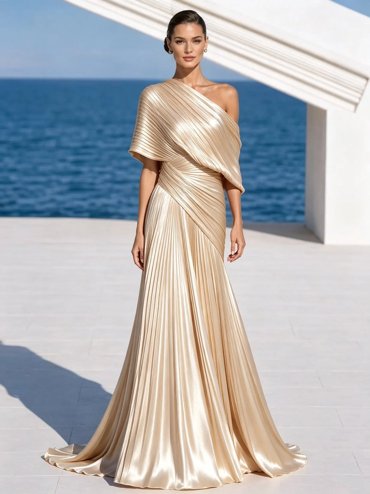 One Shoulder Draped Evening Gown