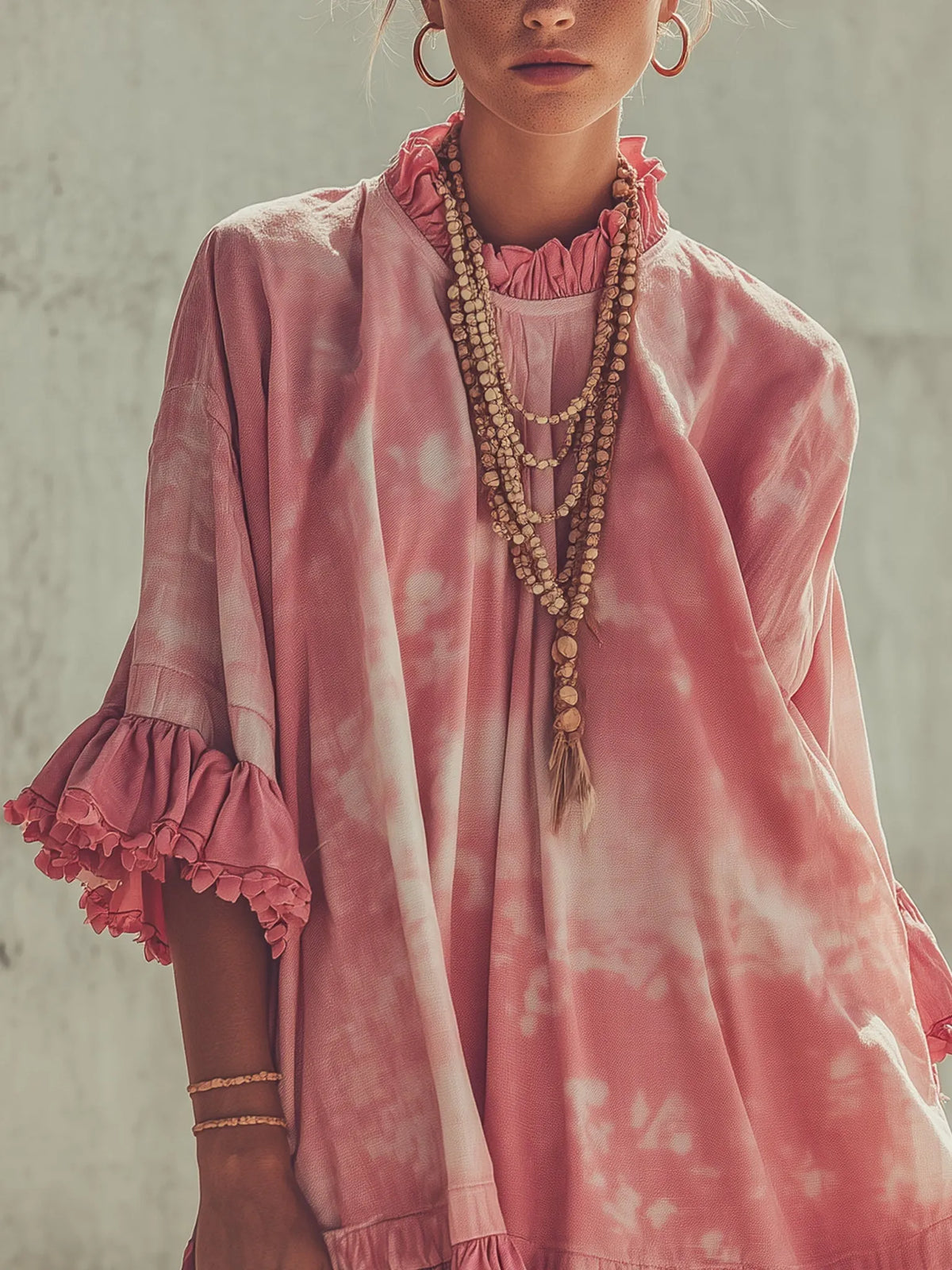 Pink Tie-Dye Print Ruffled Loose Mini Dress