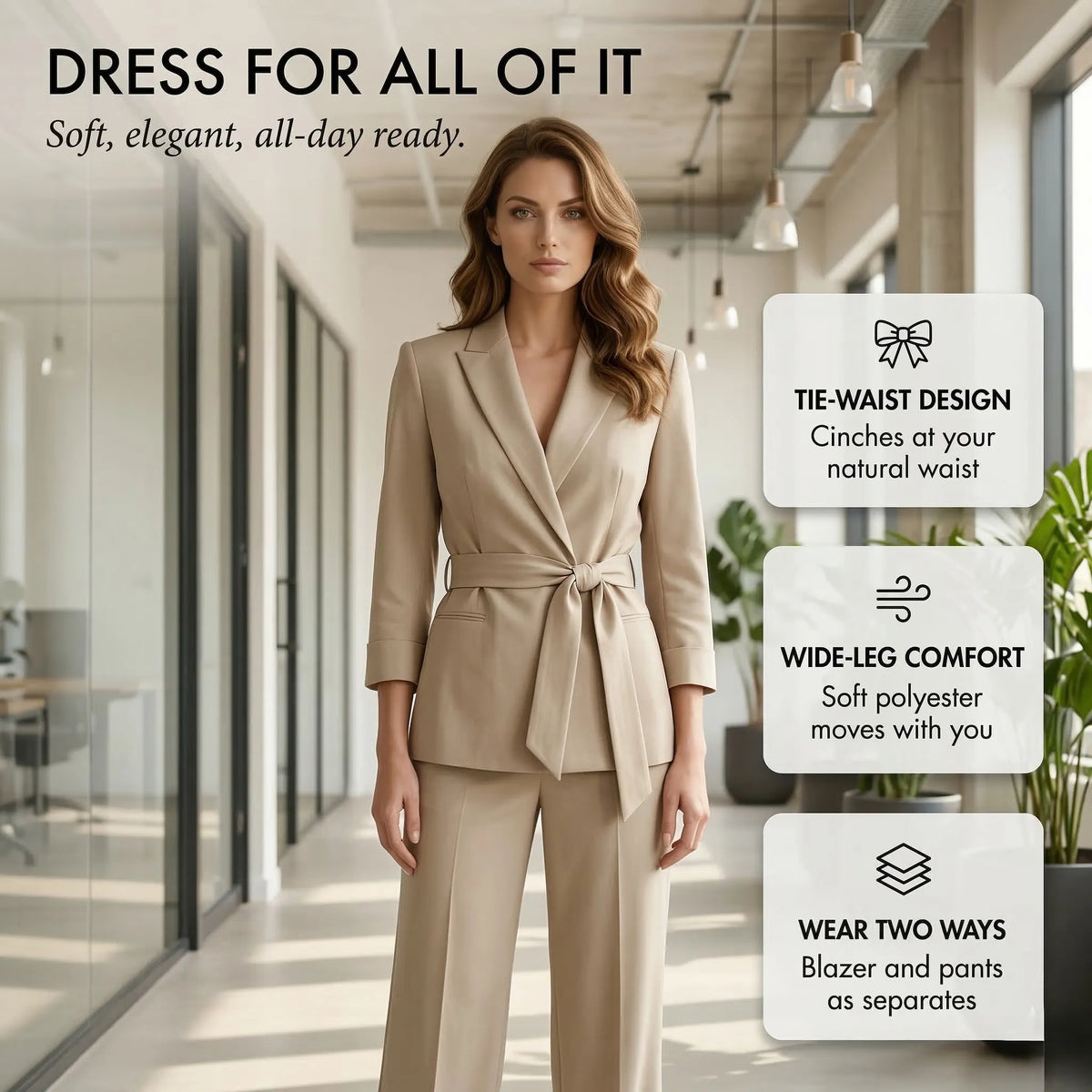 Tie-Waist Blazer & Wide-Leg Pants 2-Piece Suit Set + 50% OFF
