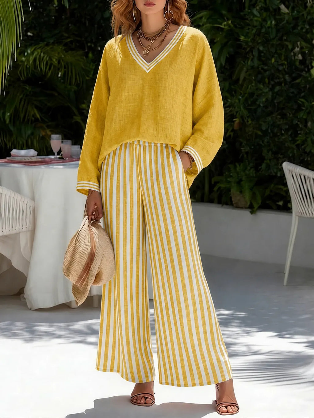Women’s V-Neck Linen Blend Striped Two Piece Set