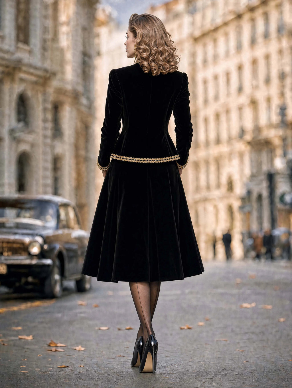 Vintage Gold‑Trim Velvet Cropped Jacket
