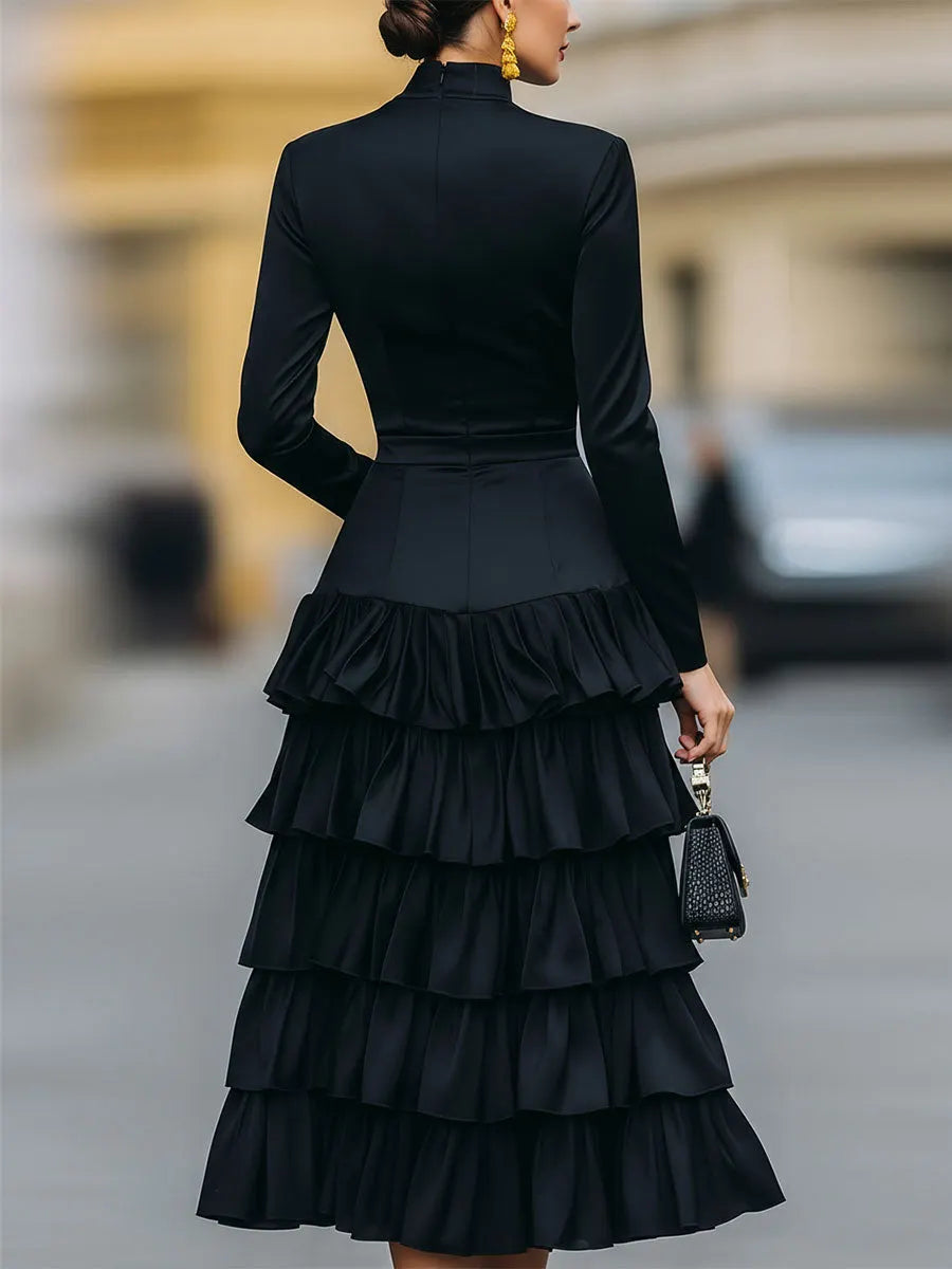 Elegant Mock Neck Tiered Ruffle Midi Dress
