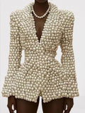 White Full Pearl-Embellished Blazer with Lining