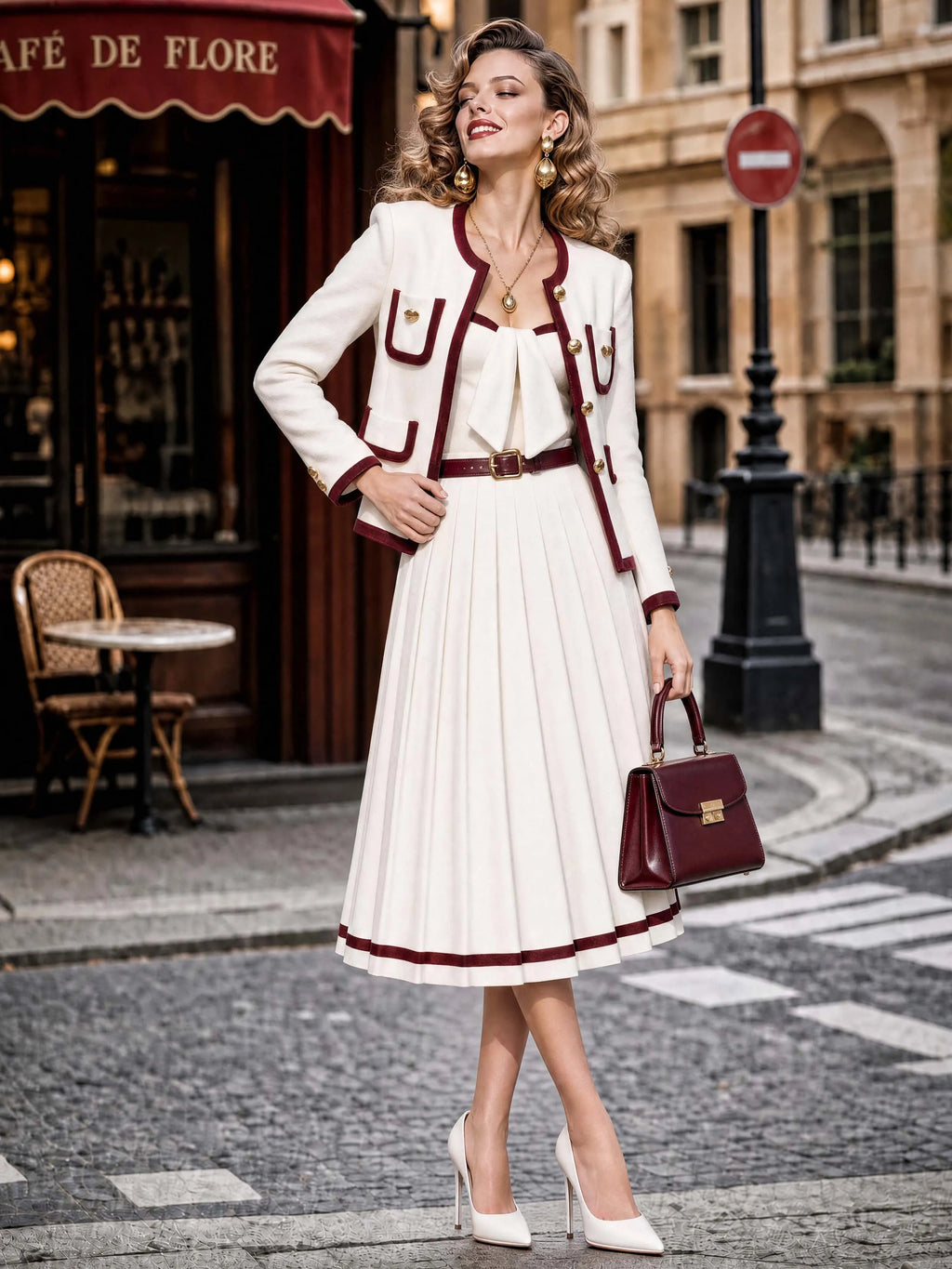 Retro Elegant Burgundy Velvet-Trim Woolen Blazer & Midi Dress Two-Piece Set