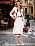 Retro Elegant Burgundy Velvet-Trim Woolen Blazer & Midi Dress Two-Piece Set