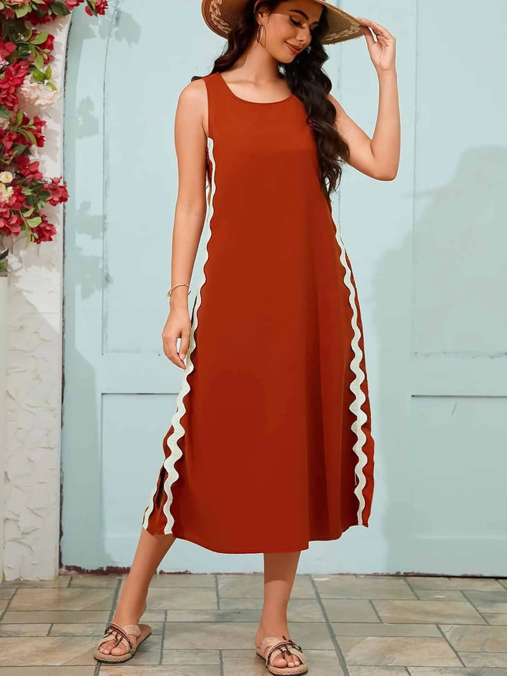 Side Wave Stripes Embellished Side Slit Loose Dress