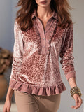 Women's Leopard Print Ruffle Trim Velvet Long Sleeve Top