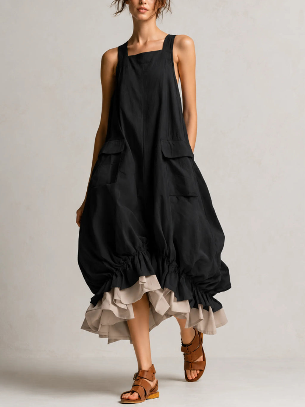Black Sleeveless Big Pockets Layered Ruffle Hem Bubble Midi Dress