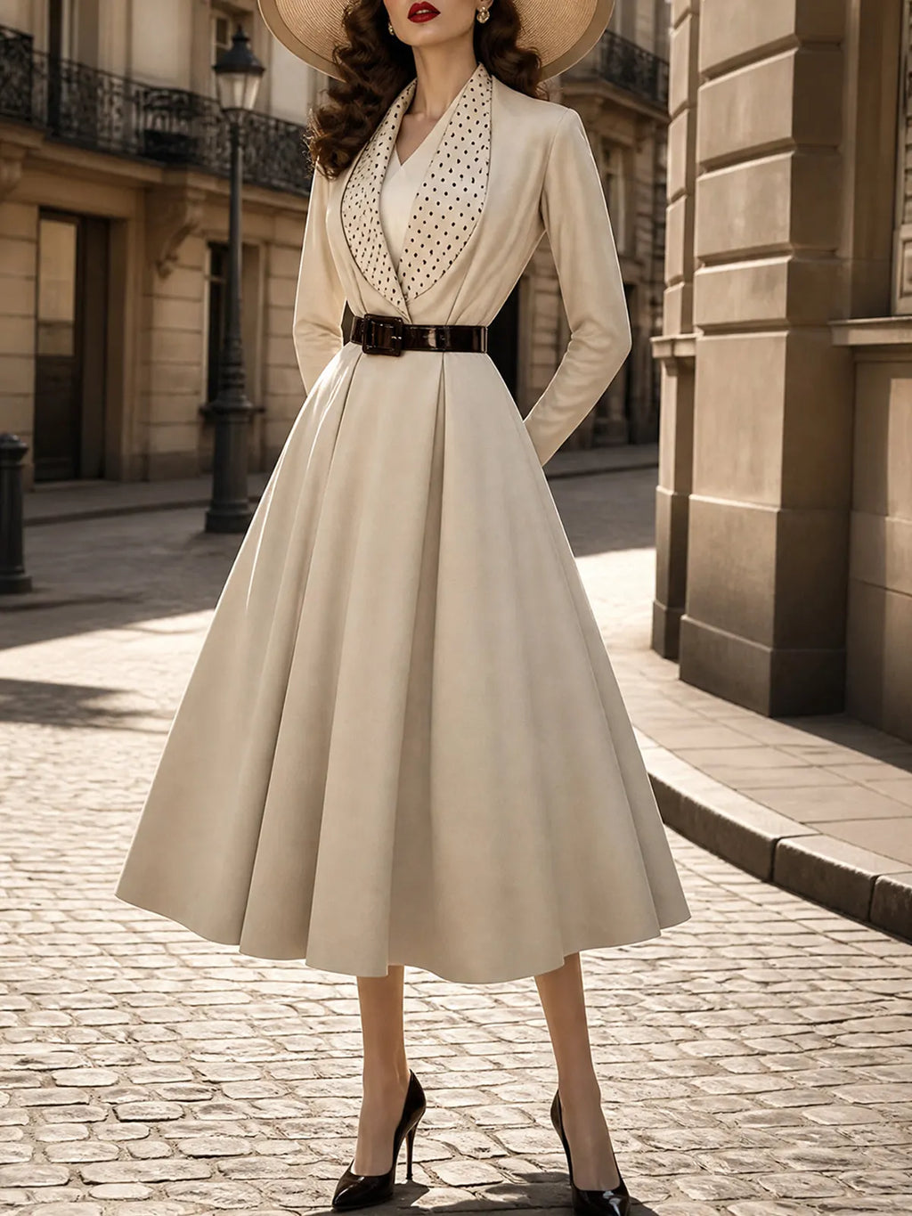 Vintage Cream Polka-Dot Belted A-Line Dress