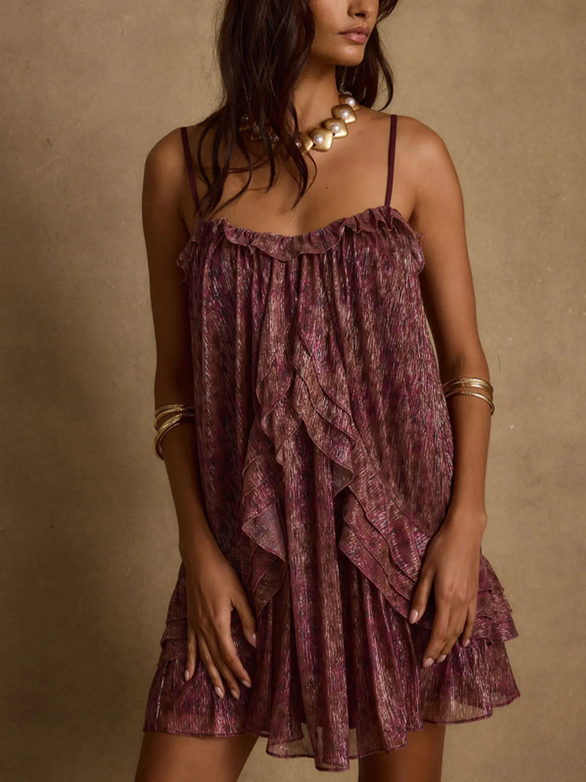 Vacation Mini Dress — Metallic Plum Cascading Ruffle Chiffon Mini Dress
