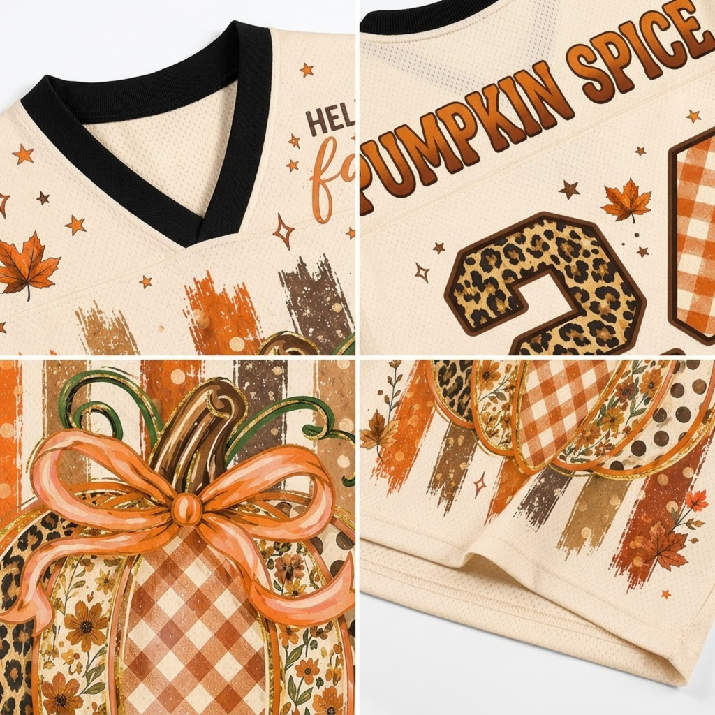 Chaotic Club Hello Fall Patchwork Pumpkin Spice Mesh Jersey