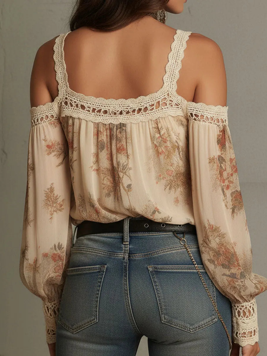 Vintage Boho Cream Floral Off-Shoulder Lace Blouse