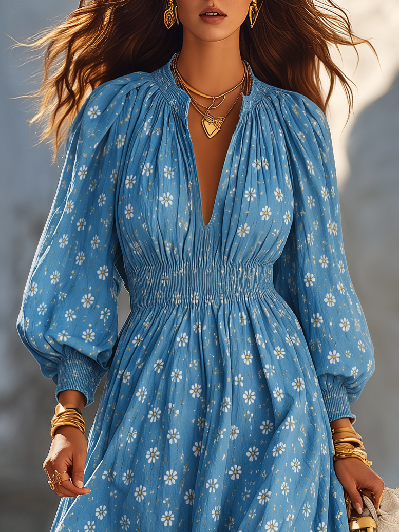 Vacation Elegant Daisy Chiffon Long Sleeve Maxi Dress