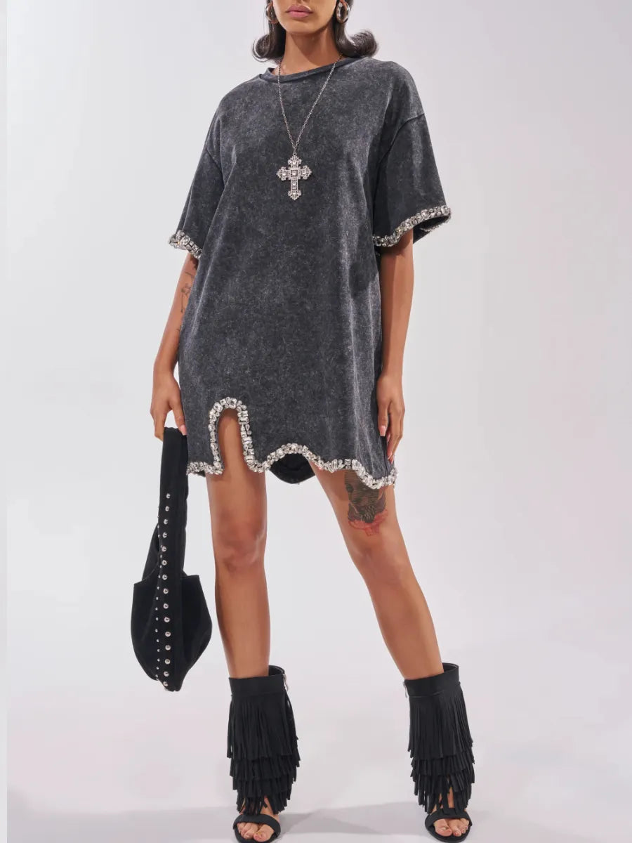 Rhinestone Trim Washed T‐Shirt Mini Dress