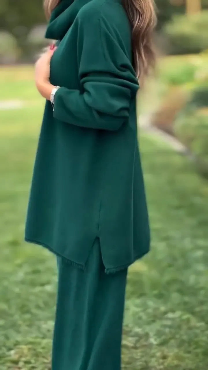 Women High Neck Top + Pants Solid Color Casual Suit