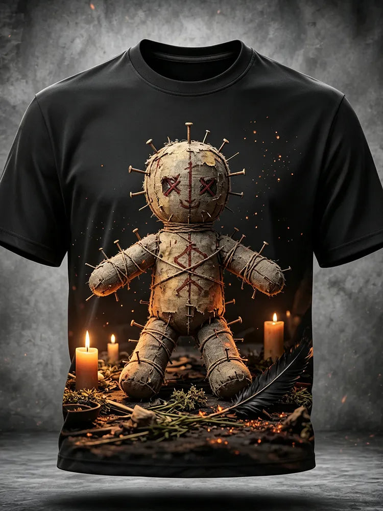 Men's T-shirt Featuring Voodoo Doll And Candle Design