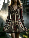 Women's Vintage Halloween Gothic Skeleton Roses Poker Print V-neck Mini Dress