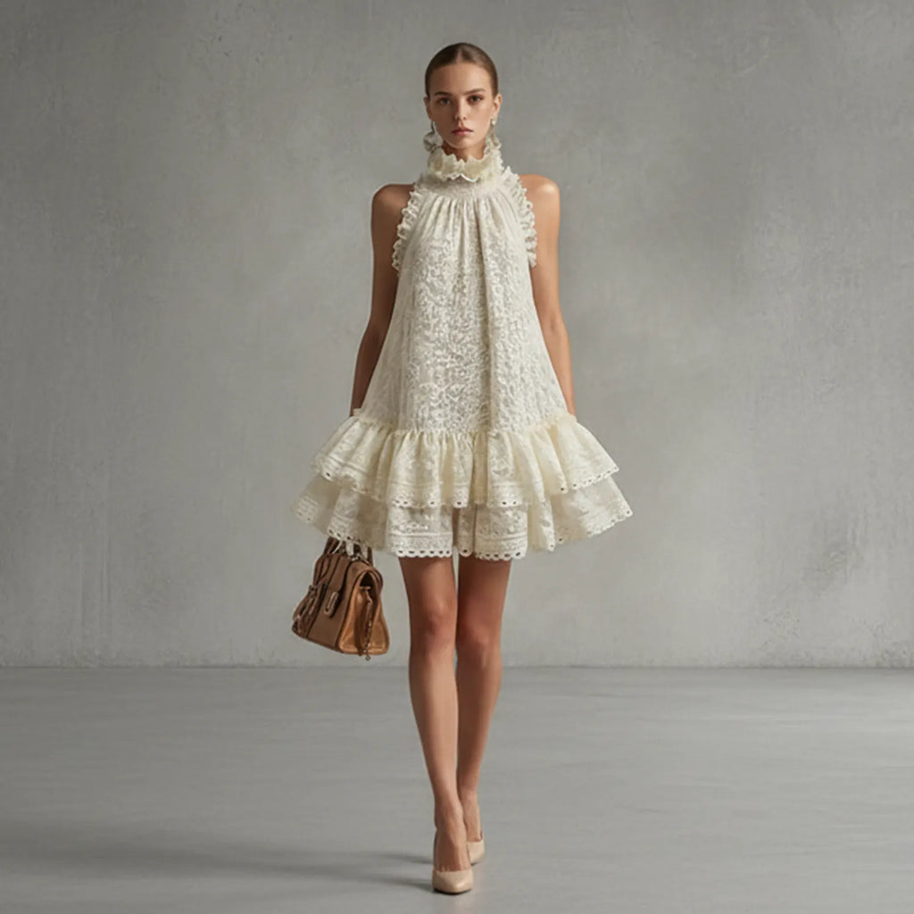 Retro Beige Lace Sleeveless Ruffled Mini Dress