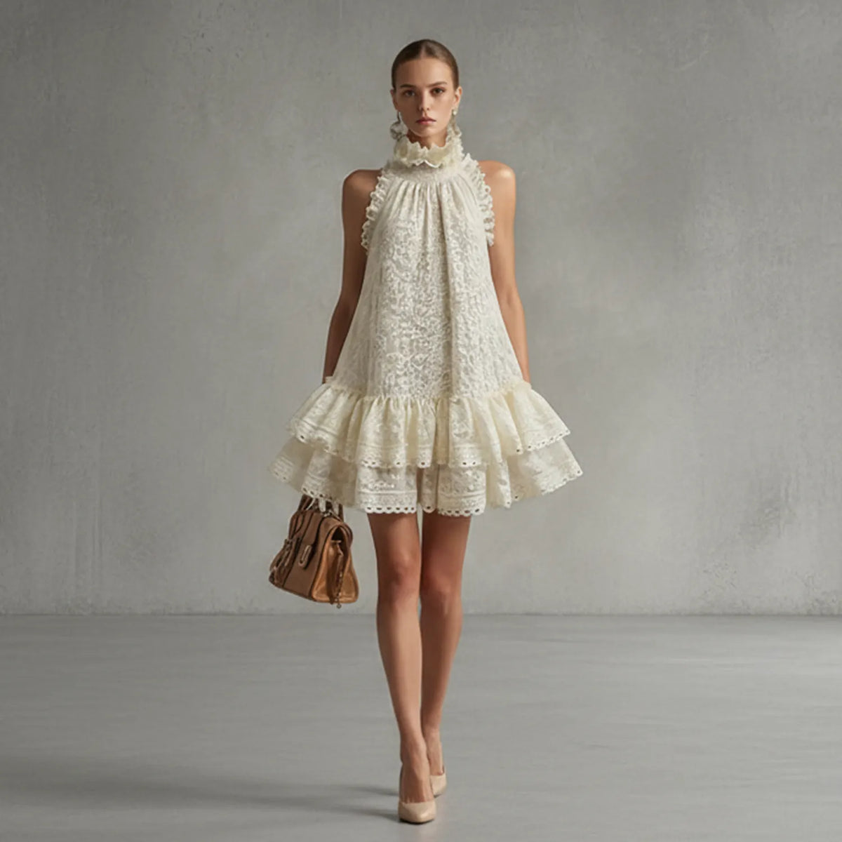 Retro Beige Lace Sleeveless Ruffled Mini Dress