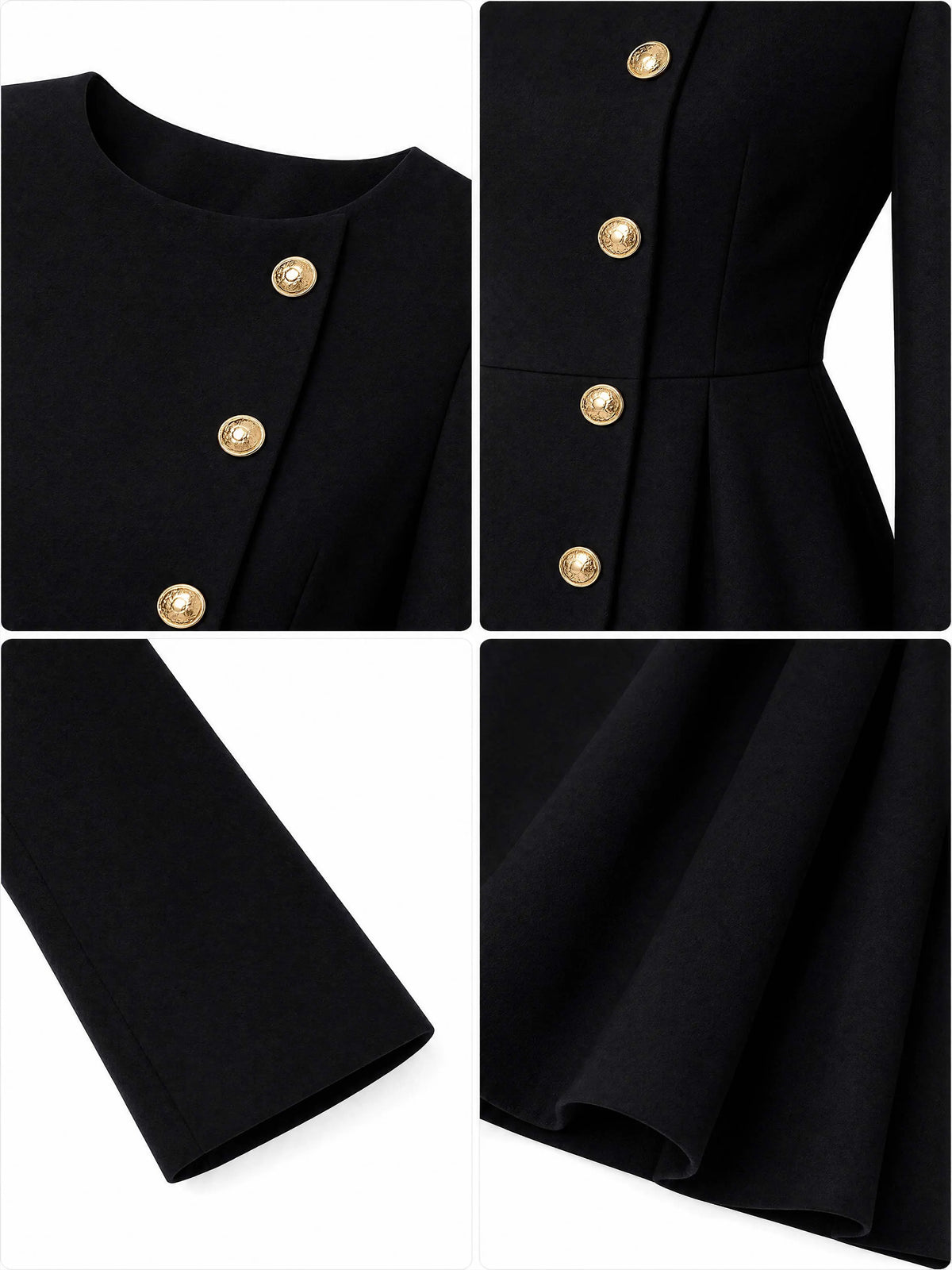 Vintage Gold Button Midi A‑Line Coat