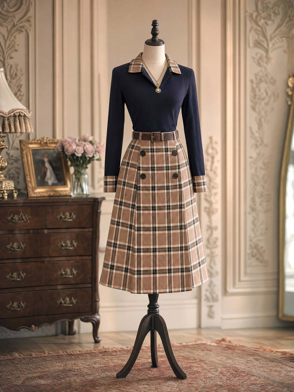 Vintage Retro Plaid Trim Long Sleeve Top