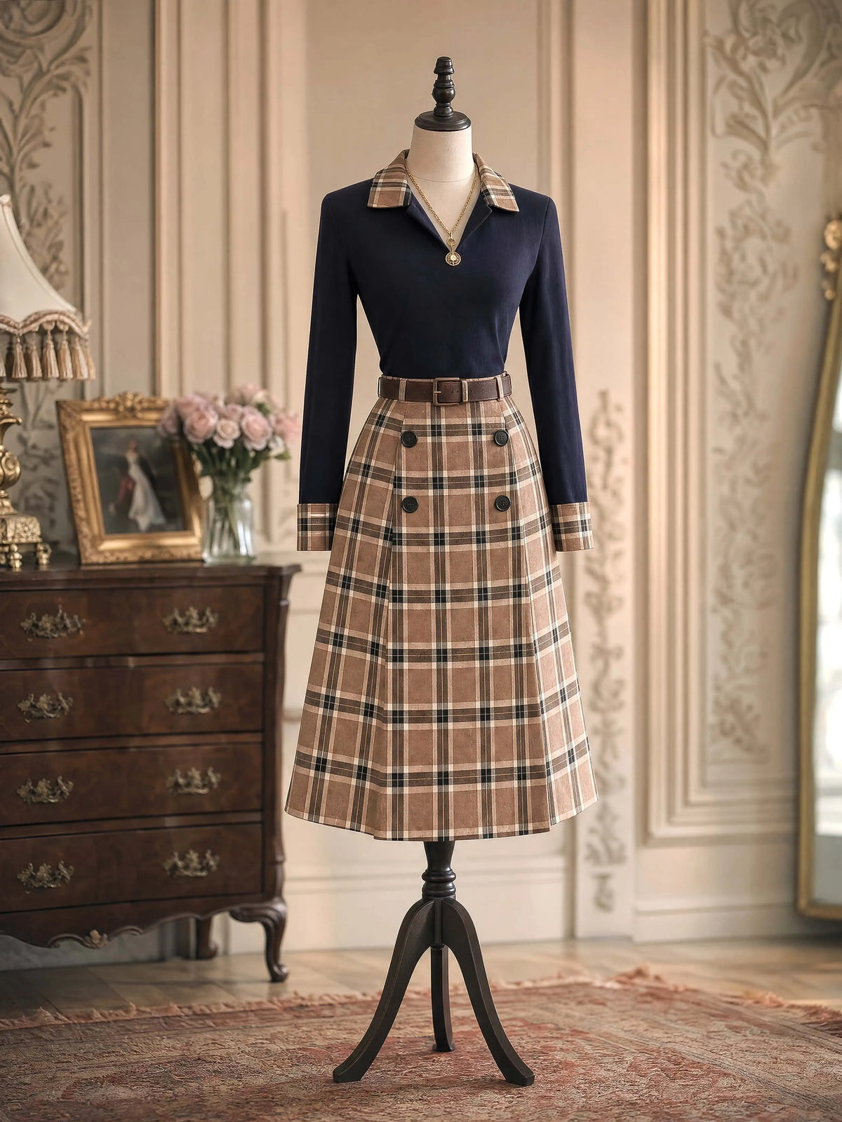 Vintage Plaid Midi Button Skirt