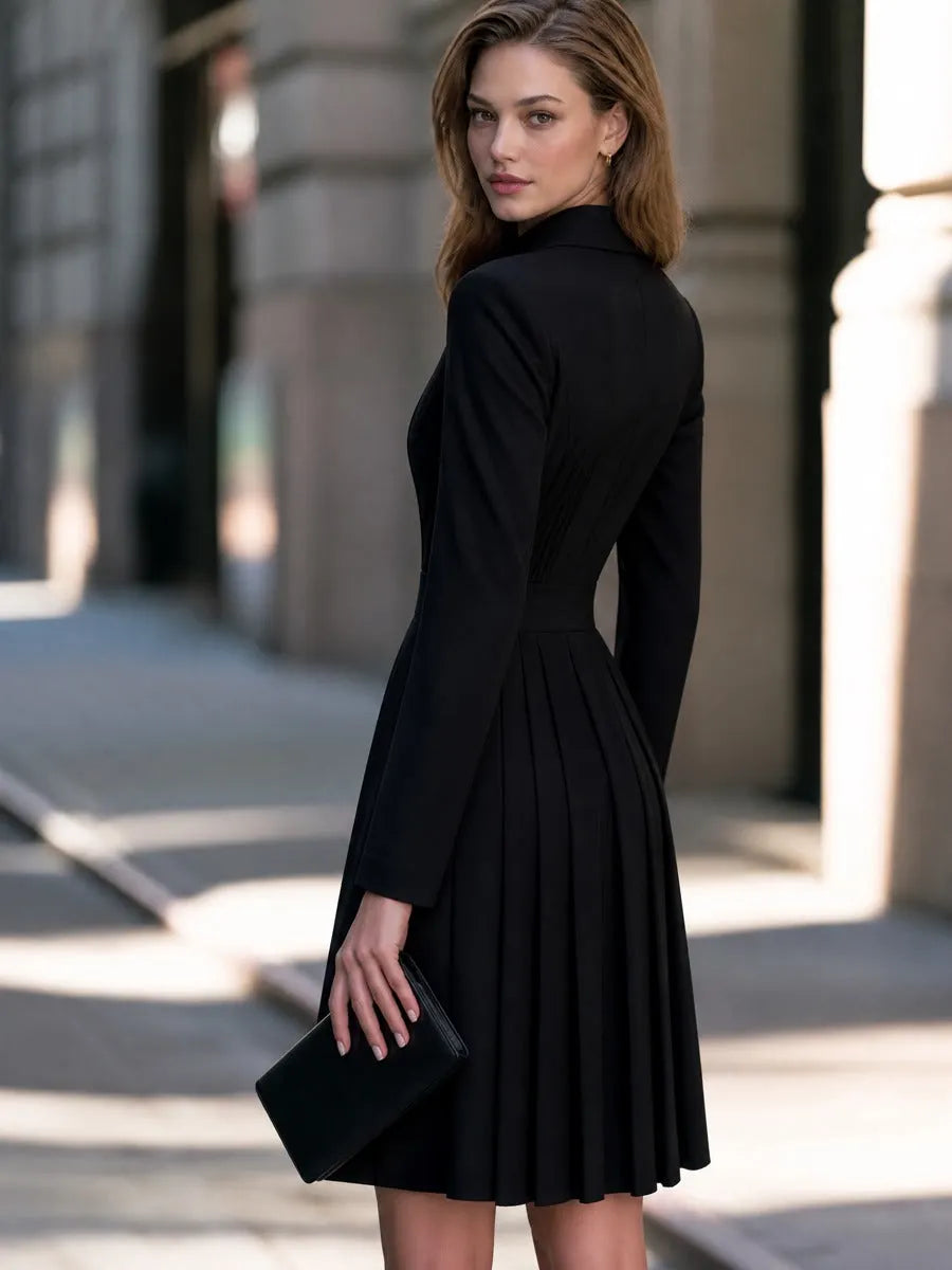 Pointed Shirt Collar Pleated A-Line Midi Dress