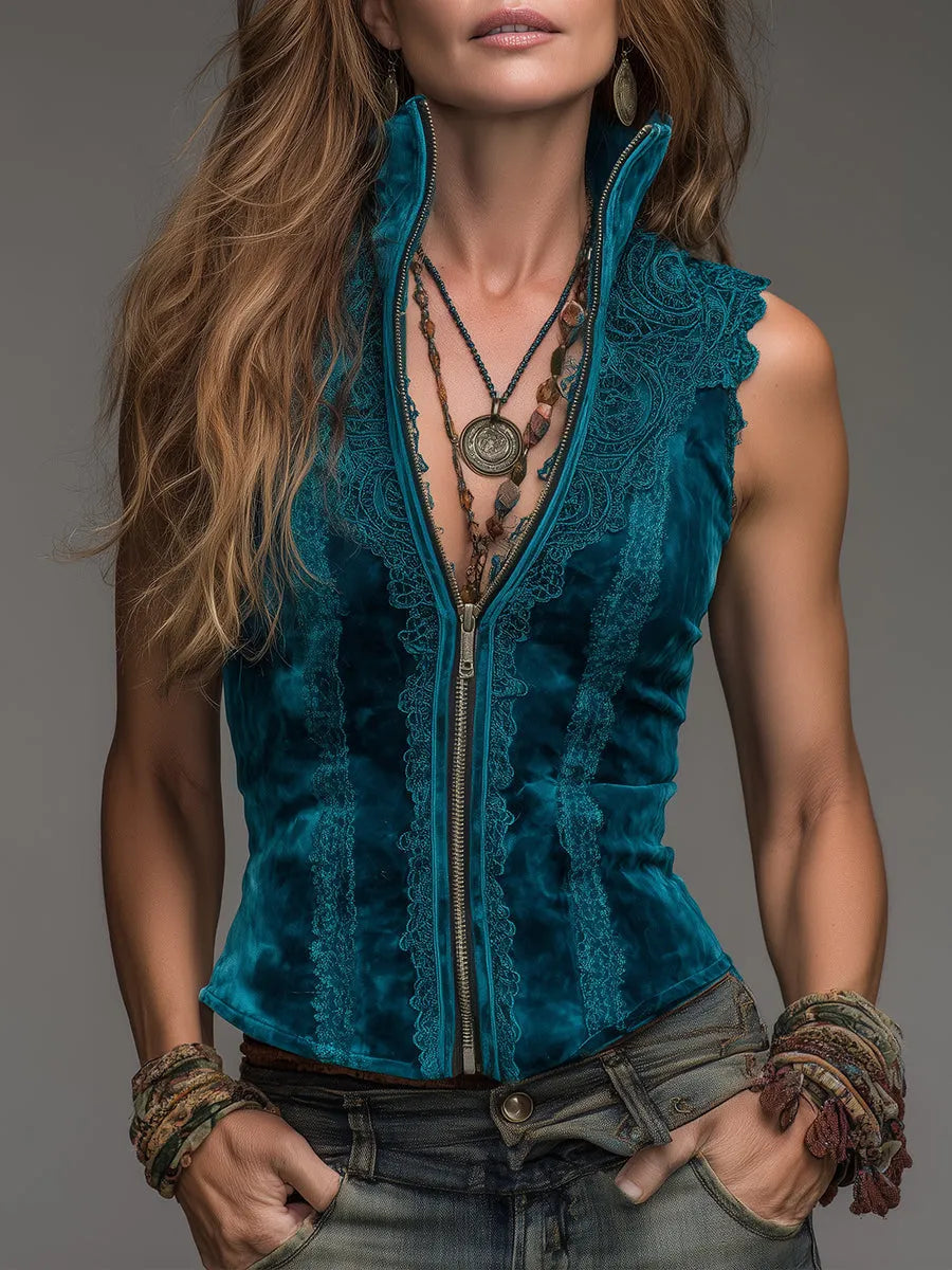 Bohemian Style Stand-collar Vest With Front Zipper And Lace Trim
