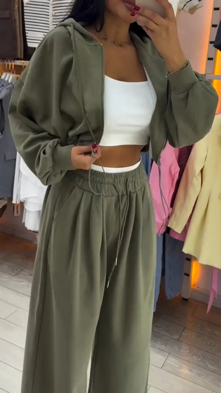 Womens Round Neck Zipper Cardigan + Drawstring Pants Casual Set
