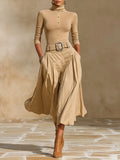 Khaki Turtleneck Button Top & High‑Waist Pleated Skirt Two‑Piece Set(with belt)
