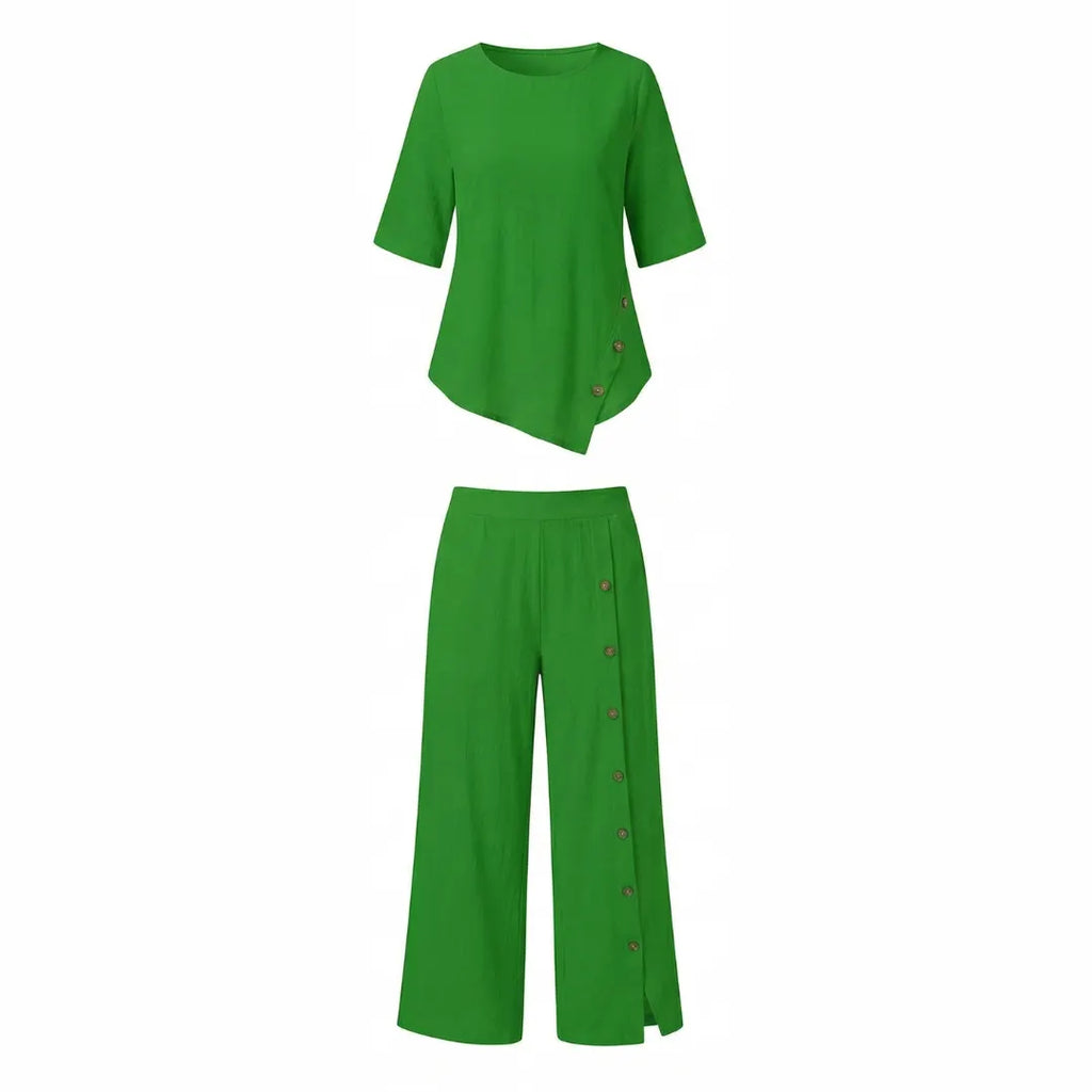 Casual Linen Blend 2-Piece Set with Button Details