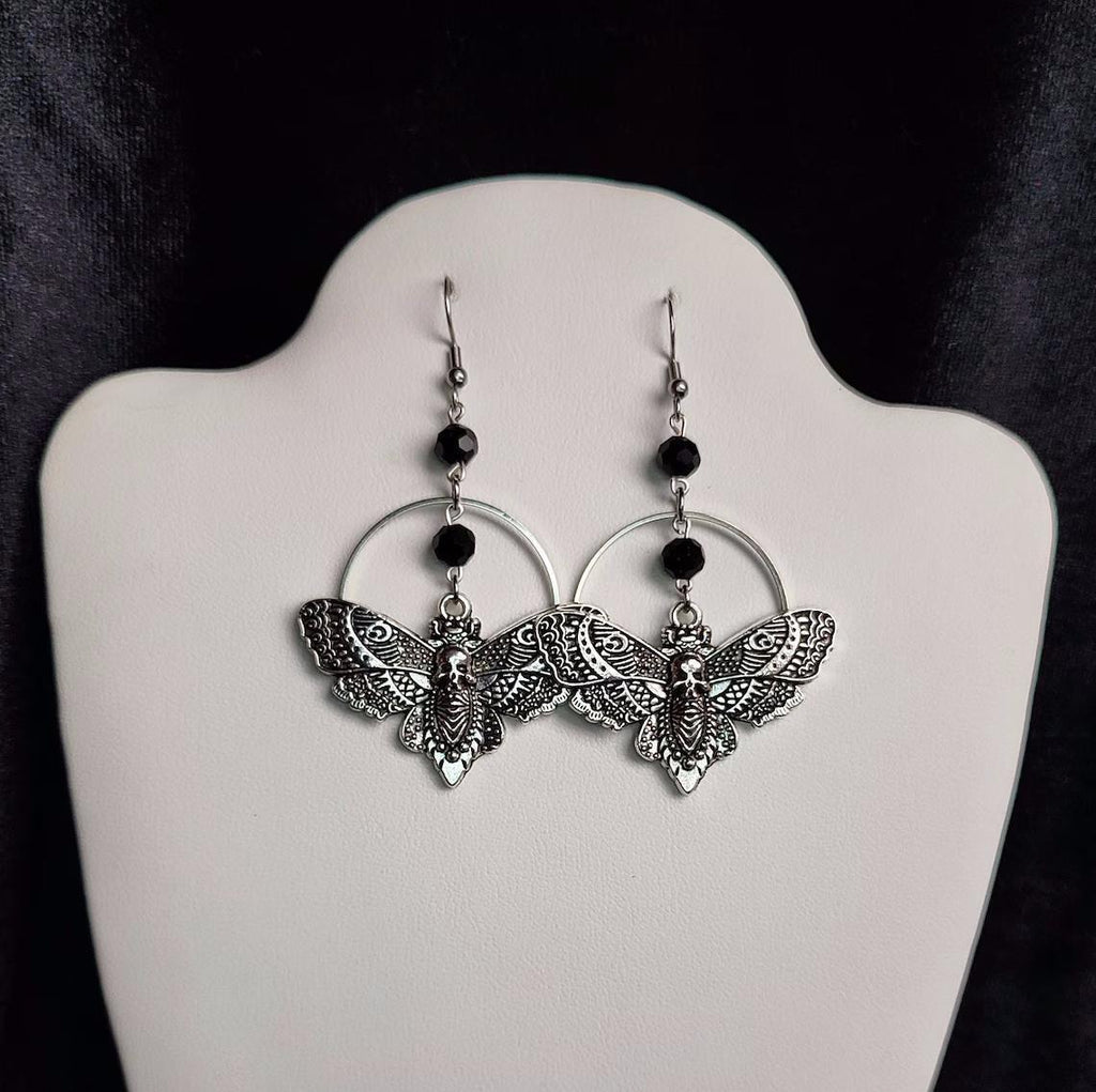 Black Crystal Beads Skull Moth Earrings